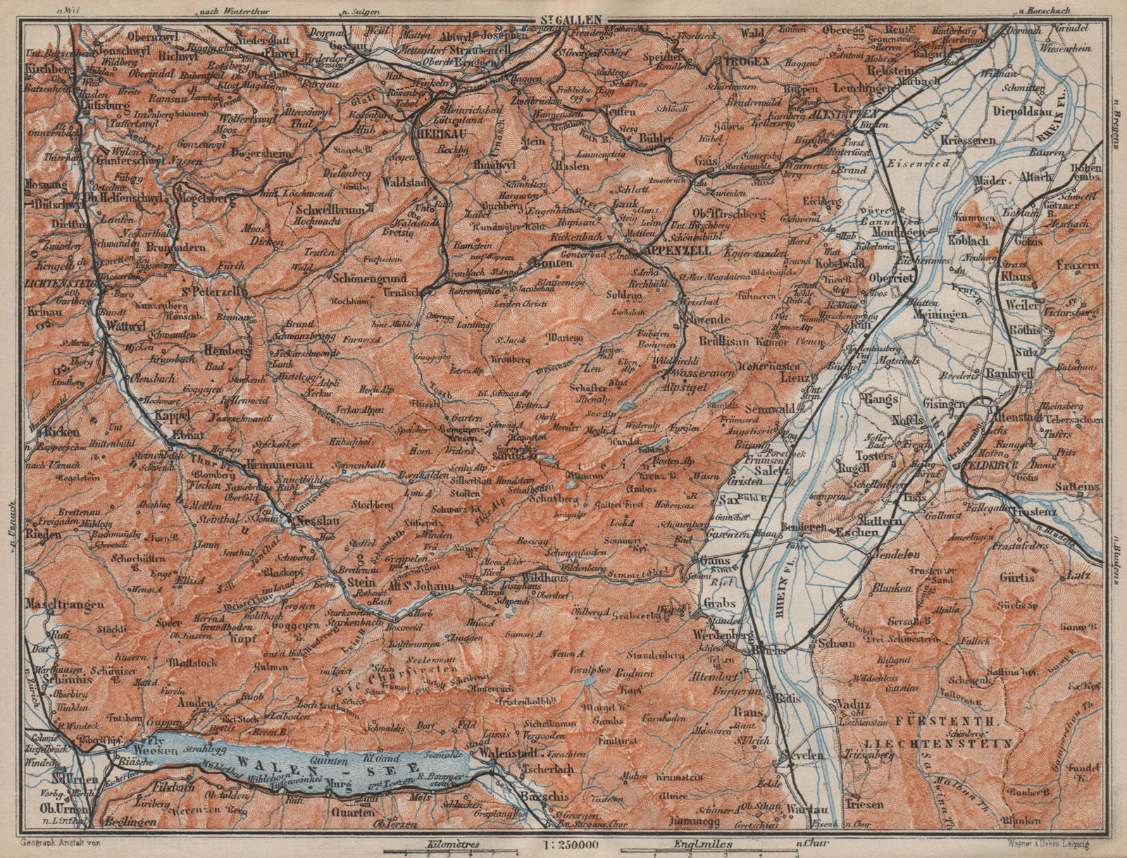 APPENZELL CANTON. Wildhaus Unterwasser St. Gallen Trogen Walensee 1913 old map